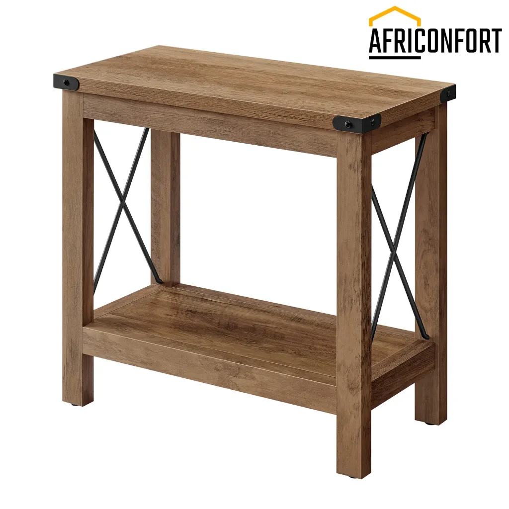[LET235K41] Table d'appoint à 2 niveaux avec étagère inférieure, idéale pour les petits espaces, le salon ou la chambre, style champêtre, couleur miel