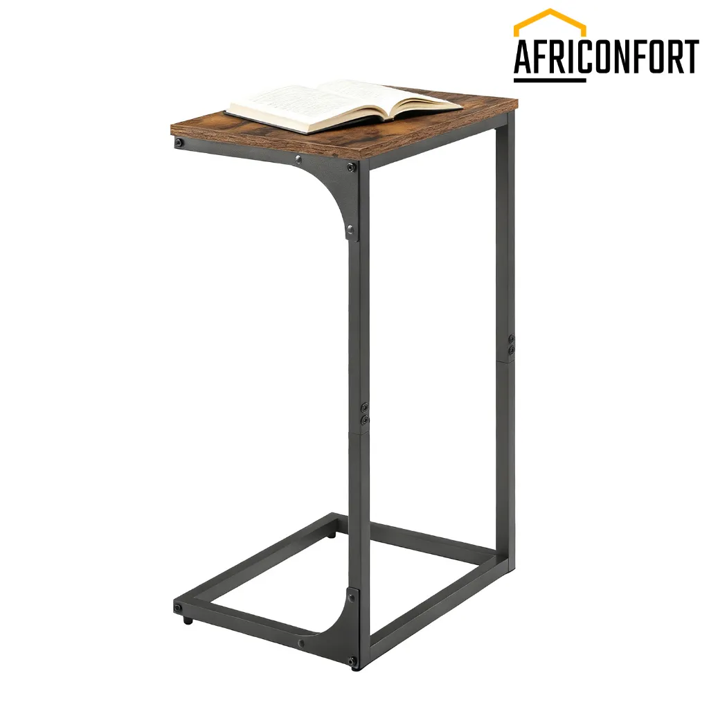 [LET353B01] Table d'appoint en forme de C, table de chevet, table d'appoint de canapé, avec structure en métal, industrielle, pour salon, chambre à coucher, marron rustique et noir