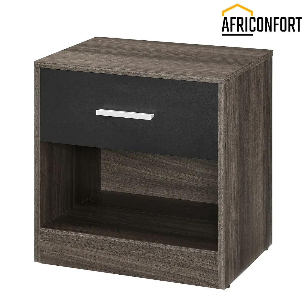 Table de chevet avec tiroir, poignée et compartiment ouvert, pour chambre ou salon, coloris marron et noir