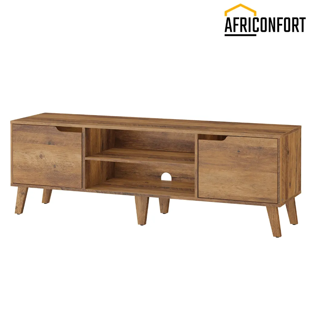 Meuble TV, Support Télé avec Étagère Réglable, pour Télévision jusqu'à 65 Pouces, Longueur 147 cm, Style Ttransitionnel, pour Salon, Chambre, Marron Miel
