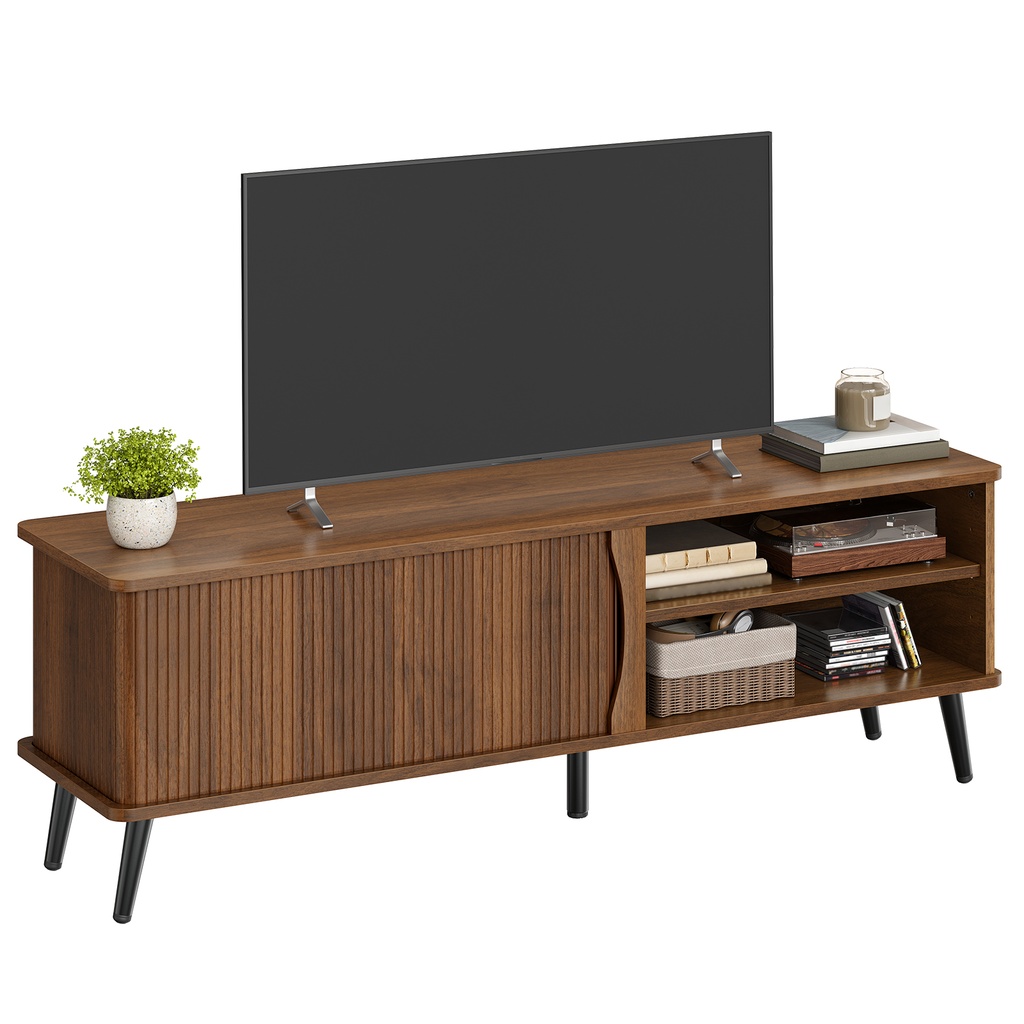 meuble TV / console multimédia modern en bois, doté de portes coulissantes à lattes et de pieds fins en métal ou en bois